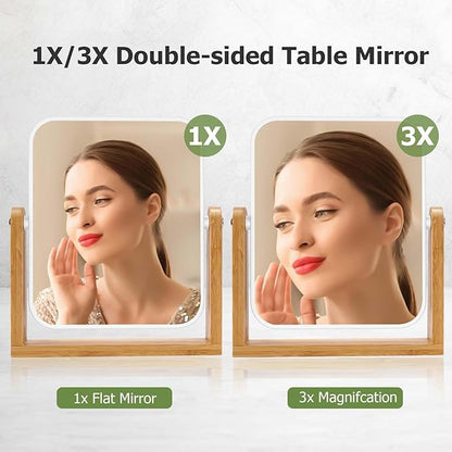 LFOYOU Vanity Makeup Mirror with Natural Bamboo Stand, Double Sided 360 Degree Swivel Magnifying Mirror, Tabletop Magnified Make up Mirror for Bathroom or Bedroom 8 Inch