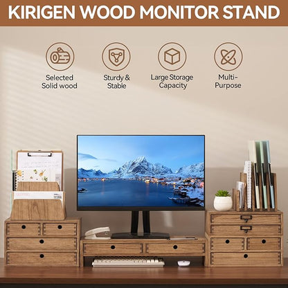 KIRIGEN Wood Monitor Stand with 2 Drawers - Computer Arm Riser Desk Storage Organizer,Speaker TV Laptop Printer Stand with Pen Slot and Cable Management,Dark Brown Desktop Shelf for Office DBR-2PMJ