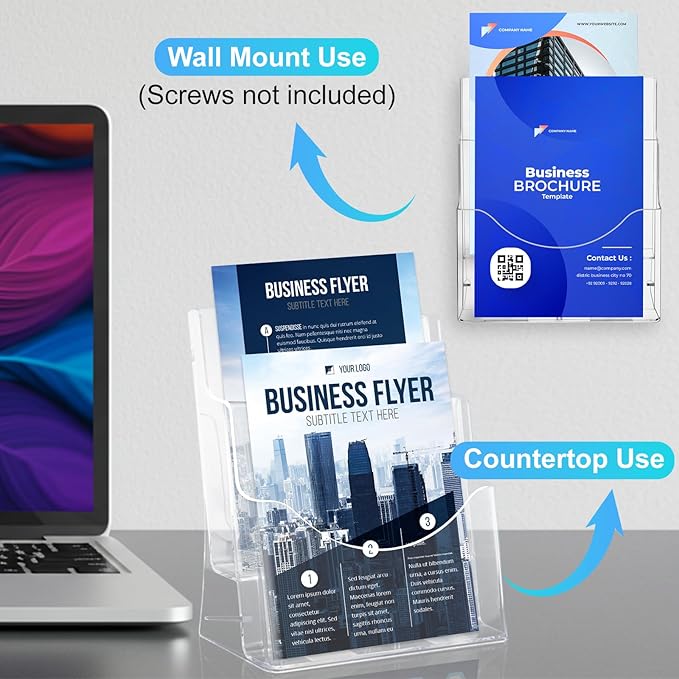 Acrylic Brochure Holder 8.5x11 & 4 x9 Inches, Clear 2 Tier Magazine Holder Brochure Display Stand w Removable Divider, Literature Pamphlet Flyer Holder for Wall Mount or Countertop