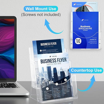 Acrylic Brochure Holder 8.5x11 & 4 x9 Inches, Clear 2 Tier Magazine Holder Brochure Display Stand w Removable Divider, Literature Pamphlet Flyer Holder for Wall Mount or Countertop