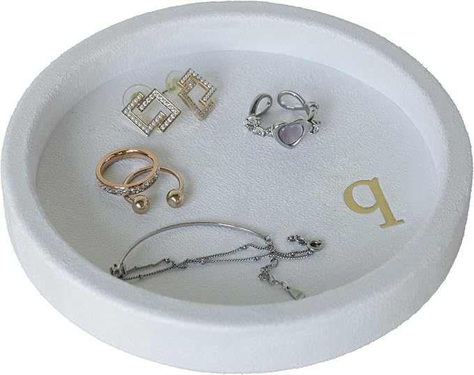 COLLECTIVE HOME - Velvet Jewelry Tray, 6" Monogrammed Jewelry Dish, Smooth Velour Display Dish for Rings, Earrings, Necklaces, Makeup, Personalized Gifts for Women (White-q)