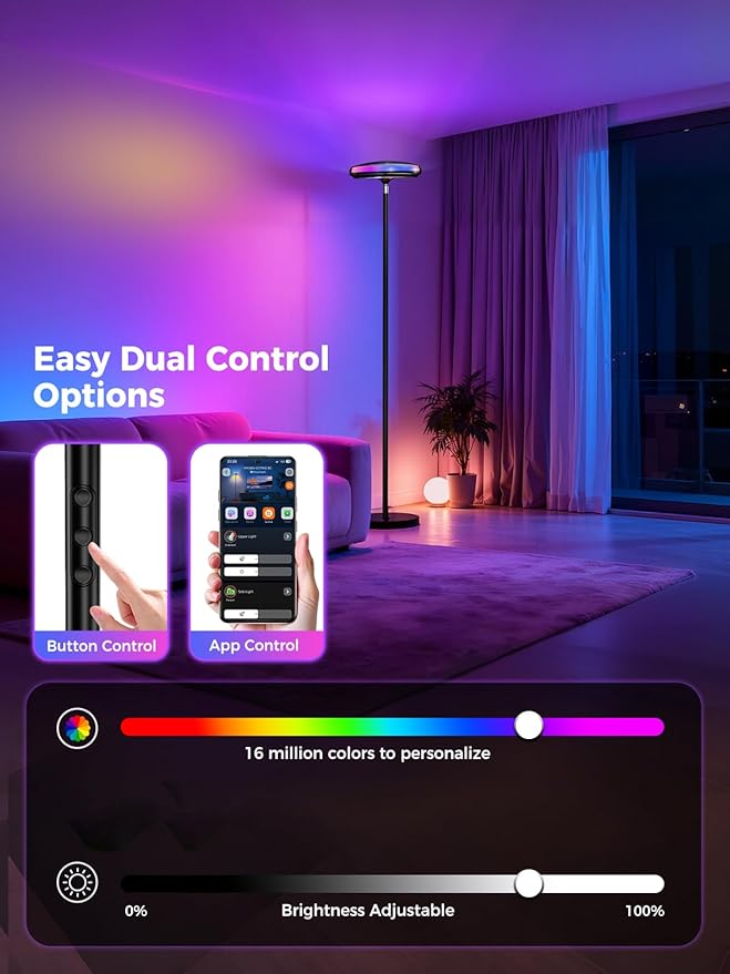 Smart Floor Lamp for Living Room, RGB+WW Ripple Projector, LED Corner Floor Light, Dimmable Tall Standing Lamp with App Control, Color Changing Mood Light & Eye-Care Reading Lamp for Bedroom