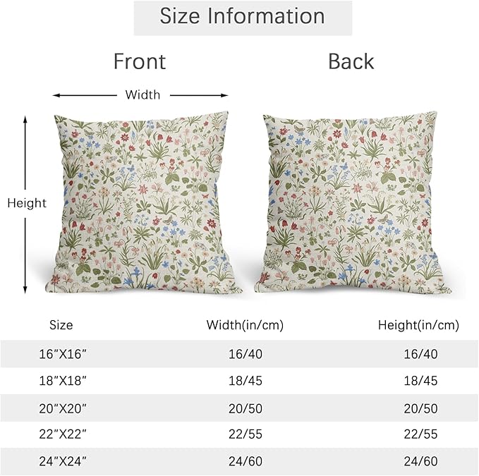 Vitage Floral Pillow Covers 22x22 Set of 2 Spring Green Red Cream Pattern Rustic Decorative Outdoor Farmhouse Zipper Flower Linen Pillowcases Decorations Throw Cushion Cover Decor for Couch Sofa Bed