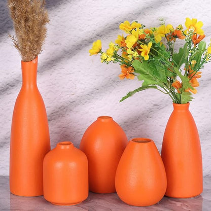 Orange Ceramic Small Vase Set of 5 - Modern Orange Decor Small Bud Vases for Floral Arrangements, Centerpieces for Weddings, Dinner Parties, Table Settings, Foyer, Bathroom Decorations