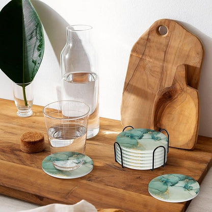 6 Pcs Ceramic Coasters with Holder Absorbent Drink Round Blue Green Jade Texture Marble with Golden Design for Home Table Coffee Cup Wine Beer Bar,Size 4.4 inches