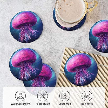6 Pcs Ceramic Coasters with Holder Absorbent Drink Round Fantasy Starry Sky Pink Gellyfish Design for Home Table Coffee Cup Wine Beer Bar,Size 4.4 inches