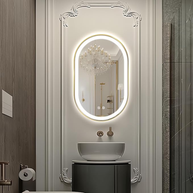 Niccy Oval LED Mirror for Bathroom, 32x20 Front Lit + Backlit Vanity Mirrors with Light Anti-Fog, Shatter-Proof, 3 Colors, Makeup Mirror with Old Gold Frame (Horizontal/Vertical)
