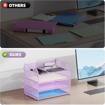 Marbrasse 2 Pack 4 Tier Paper Organizer Letter Tray - Mesh Desk File Organizer with Handle, Paper Sorter Organizer for Letter/A4 Office File Folder Holder (Purple, 12.6" x 9.1" x 10.7")