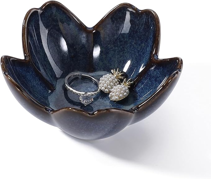 Flower Ring Dish Holder,Jewelry Dish Tray,Small Trinket Tray,Jewelry Plate Bowl,Key Bowl,Decorative Plate,Birtdhay Christmas Gifts for Women Friends,Ceramic Kiln effect Blue