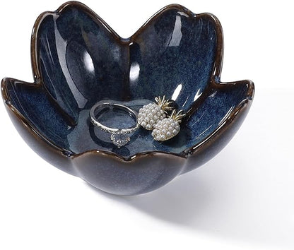 Flower Ring Dish Holder,Jewelry Dish Tray,Small Trinket Tray,Jewelry Plate Bowl,Key Bowl,Decorative Plate,Birtdhay Christmas Gifts for Women Friends,Ceramic Kiln effect Blue