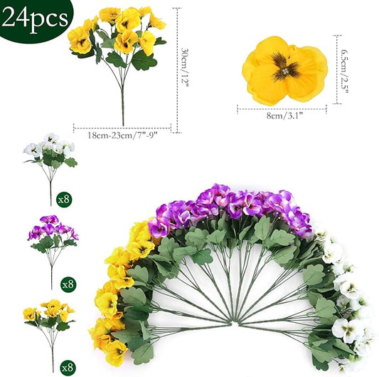 Hananona 24 Pcs Artificial Outdoor Flowers, Faux Silk Pansy Plants for Outside UV Resistant Spring Pansies Flower for Home Planter Porch Patio Yard Decor (24, Yellow, White, Purple)