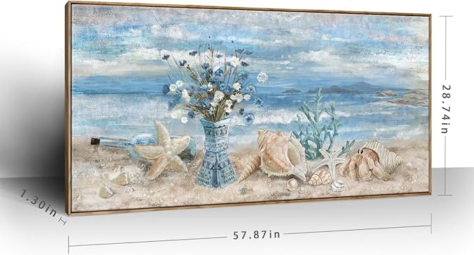 Large Canvas Framed Wall Art for Bedroom Blue Ocean Theme Seaside Home Decor Flower in Indian Vase Beach Picture Coastal Landscape Abstract Seascape Artwork Sea View Painting Print 60" W x 30" H
