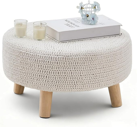 Wimarsbon Pouf Ottoman, 100% Cotton Knitted Boho Footstool, Round Footrest with Non-Skid Wood Legs, Home Décor Handmade Pouffe, Leisure Floor Step Stool for Living Room (20" White)