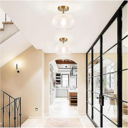 Gold Semi Flush Mount Ceiling Light Fixture,Hallway Light Fixtures,Industrial Close to Ceiling Mount,Globe Glass Ceiling Fixture,Vintage Ceiling Lamp,Farmhouse Lighting for Bathroom Entryway Bedroom