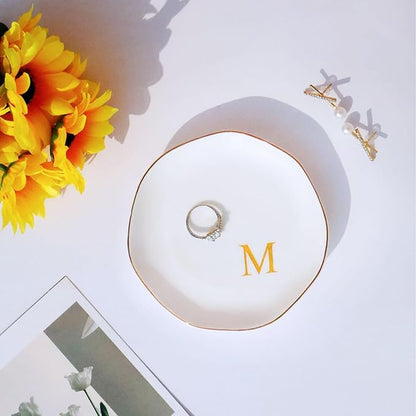 Ceramic Jewelry Tray Initial Ring Dish Personalized M-Monogrammed Engagement Wedding Gifts, for Birthday Mother's Day Christmas for Women, Ceramic White 4.75" (M)