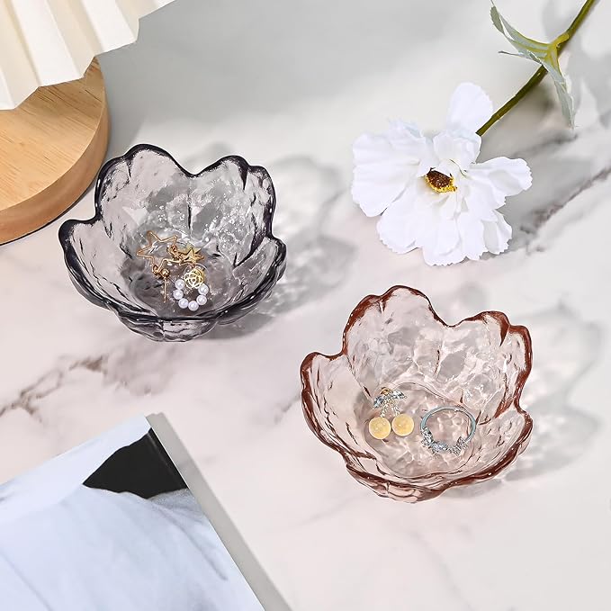 Koythin 2-Piece Glass Jewelry Tray, Mini Ring Dish for Necklace Earring Bracelet, Cute Trinket Tray for Engagement Vanity Bathroom, Crystal Floral Aesthetic Room Decor for Women Girl Mom (Light Pink)