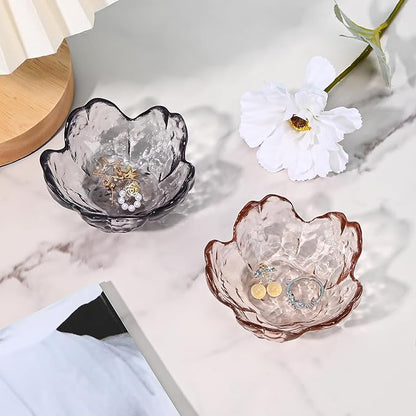 Koythin 2-Piece Glass Jewelry Tray, Mini Ring Dish for Necklace Earring Bracelet, Cute Trinket Tray for Engagement Vanity Bathroom, Crystal Floral Aesthetic Room Decor for Women Girl Mom (Light Pink)