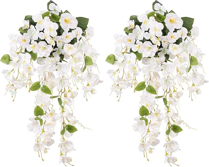 Fake Hibiscus Artificial Hanging Flowers Plants for Outdoors Spring Decoration, 2pcs Silk Hibiscus Vines Realistic UV Resistant White Faux Flowers for Outside Planter Porch Patio Yard Wedding Party