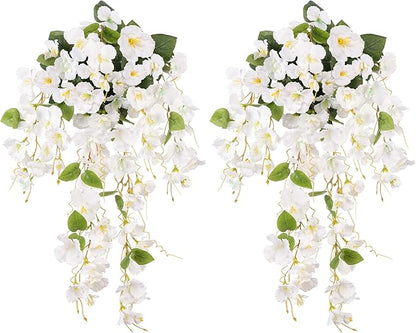 Fake Hibiscus Artificial Hanging Flowers Plants for Outdoors Spring Decoration, 2pcs Silk Hibiscus Vines Realistic UV Resistant White Faux Flowers for Outside Planter Porch Patio Yard Wedding Party