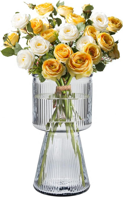 VECELO Modern Ribbed Glass Vase, Clear Flower Vase for Table Centerpiece, Modern Glass Vase for Living Room, Bedroom, Dining Table, Entryway, Office, Wedding, 7.5 Inches