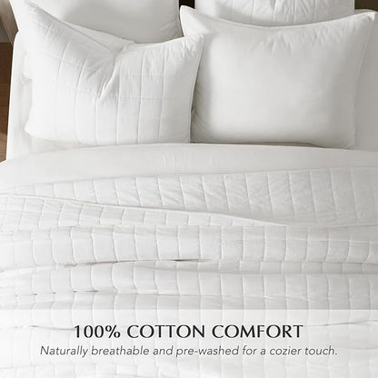 EVERGRACEHOME 100% Cotton Box Stitch Quilt Bedding Set King Size 3 Pieces, Garment-Washed Lightweight Soft Cozy Coverlet, Oversized Quilted Bedspread Sets with 2 Shams for All Season, Bright White