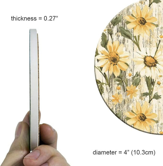 Coasters Set of 6 Wood Grain Daisy Pattern Ceramic Drink Coaster with Cork Base Modern Style Coasters for Mugs and Cups Office Kitchen 4 in
