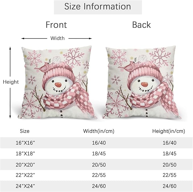 Christmas Pillow Covers 22x22 Set of 2 Pink Snowman Throw Pillow Covers Winter Pillowcase Linen Decoration Farmhouse Bird Cozy Soft Cushion Case Couch for Indoor Outdoor Home Decor