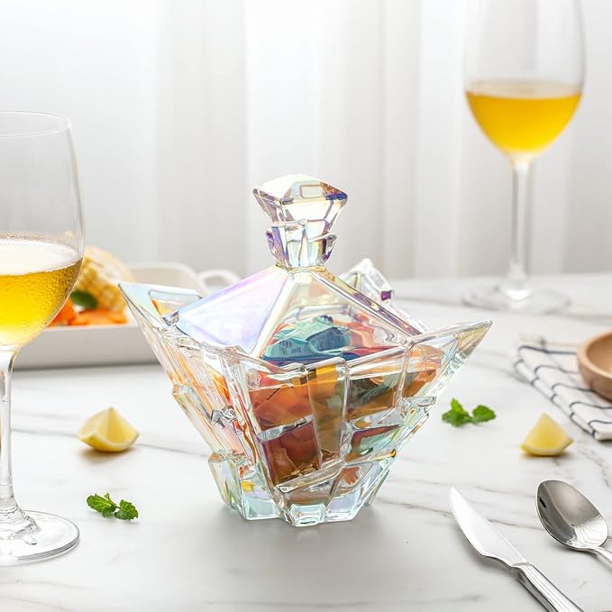 M&N HOME Glass Candy Dish with Lid - Pearl Colored Crystal Candy Bowl, 24 Oz. Extra Large Candy Dish, Unique