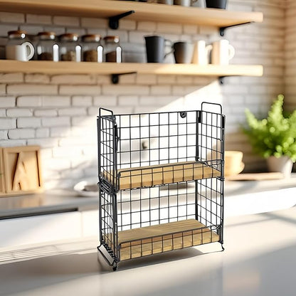 TIEYIPIN 2-Tier Stackable Metal Wire Hanging Baskets, Fruit Basket,Snack Station for Countertop, Coffee Bar Storage Organizer with Detachable Wooden Base, Rustic Farmhouse Counter Shelf - Black