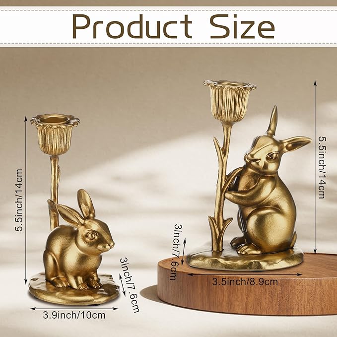 Havawish 2 Pcs Easter Bunny Taper Candle Holder Vintage Gold Bunny Decorations Rustic Candlesticks Pedestal Rabbit Centerpieces Decor for Easter Home Mantle Table