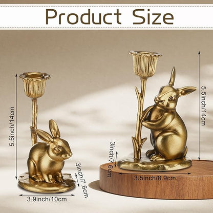 Havawish 2 Pcs Easter Bunny Taper Candle Holder Vintage Gold Bunny Decorations Rustic Candlesticks Pedestal Rabbit Centerpieces Decor for Easter Home Mantle Table