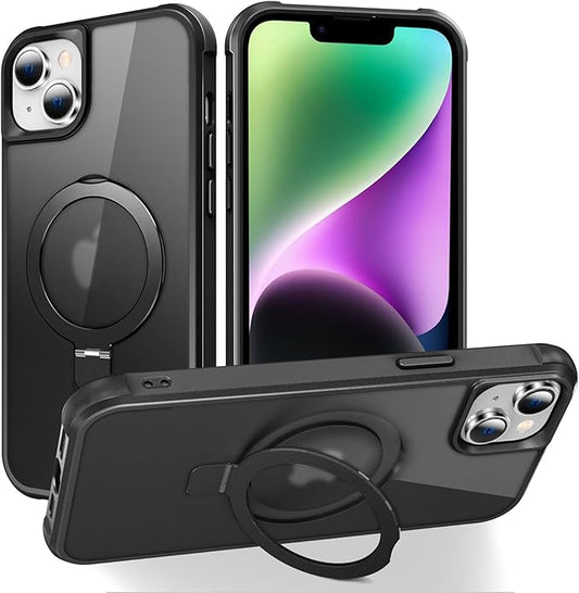 Compatible with iPhone 14 Plus Case with Invisible Magnetic O-Ring Stand Military-Grade Translucent Case for iPhone 14 Plus 6.7" [Compatible with Mag-Safe][Great Grip Feeling], Black