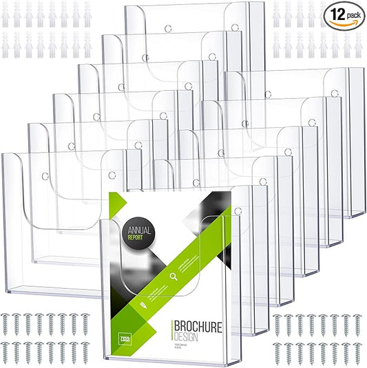 Ripeng 12 Pack Brochure Holder Wall Mount 6x9 Inch Clear Acrylic Flyer Holder Magazine Pamphlet File Display Stand Plastic Wall Organizer for Literature Mail Paper document Rack Display
