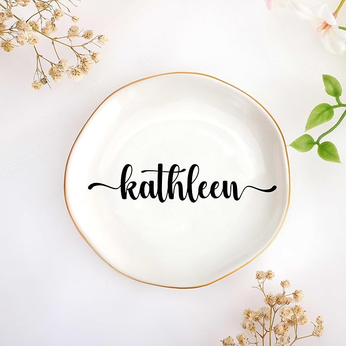 JoycuFF Kathleen Personalized Name Ceramic Jewelry Tray, Mothers Day Christmas Anniversary Engagement Birthday Gifts for Women Couples, Trinket Dish for Rings Earrings Necklaces Bracelets Keys