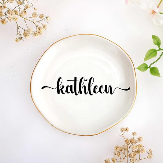 JoycuFF Kathleen Personalized Name Ceramic Jewelry Tray, Mothers Day Christmas Anniversary Engagement Birthday Gifts for Women Couples, Trinket Dish for Rings Earrings Necklaces Bracelets Keys