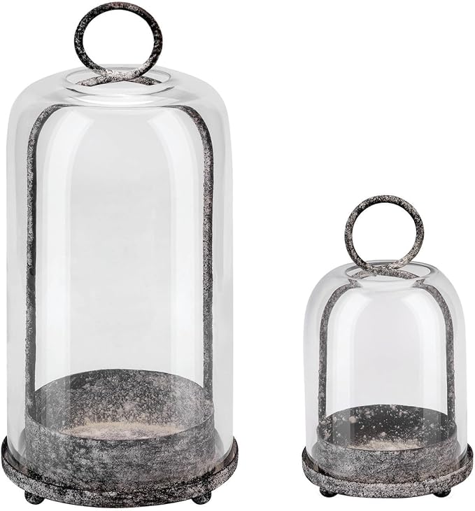 6" & 4" Wide Versatile Modern Metal Hurricane Lantern with Handmade Sturdy Glass Dome in Shabby Black for Pillar Candle & Plants, Industrial, Farmhouse, Shabby Chic (Black Shabby, 4"x7.5" &6.3"x11.2")