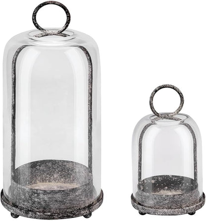 6" & 4" Wide Versatile Modern Metal Hurricane Lantern with Handmade Sturdy Glass Dome in Shabby Black for Pillar Candle & Plants, Industrial, Farmhouse, Shabby Chic (Black Shabby, 4"x7.5" &6.3"x11.2")
