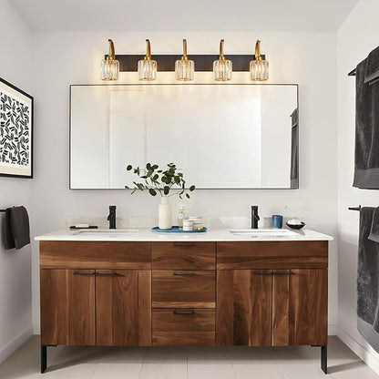 5-Light Crystal Vanity Light, Modern Black Gold Bathroom Wall Sconce with K9 Crystal Shades, 42.51" Long Over Mirror Lighting for Vanity, Makeup, Hallway, Elegant & Easy Installation