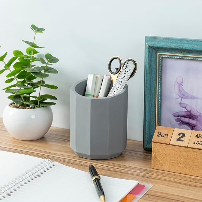 MyGift Pen Holder Pencil Holder For Desk Desktop Pen Cup Holder Gray Concrete 3.5 Inch Round Modern Office Desk Organizer