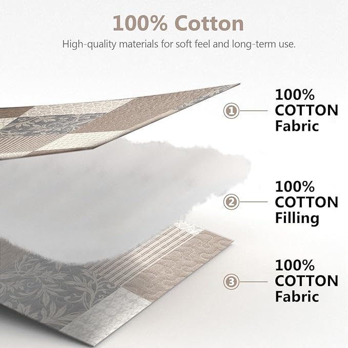 100% Cotton Quilt Set Queen Size - Plaid Quilted Comforter, Patchwork Botanical Queen Quilt Bedspread, Modern Farmhouse Lightweight Bedding for Queen Bed, 3pcs, Brown/Beige/Khaki