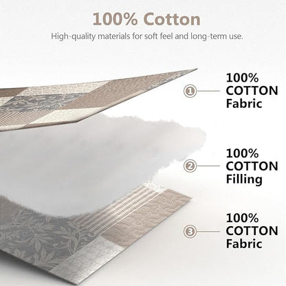 100% Cotton Quilt Set Queen Size - Plaid Quilted Comforter, Patchwork Botanical Queen Quilt Bedspread, Modern Farmhouse Lightweight Bedding for Queen Bed, 3pcs, Brown/Beige/Khaki