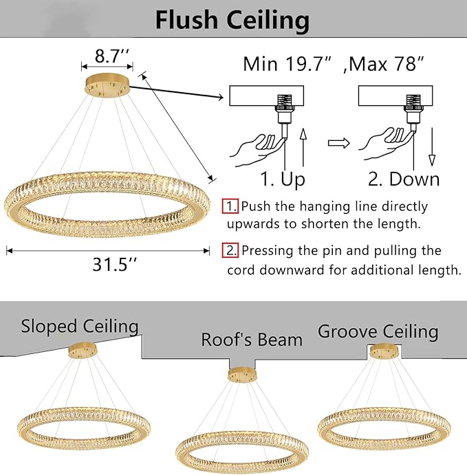 Modern Ring Chandelier LED Dimmable Living Room Chanderliers Entryway High Ceiling Crystal Ring Pendant Lights for Dining Room Bedroom Gold Interior Light