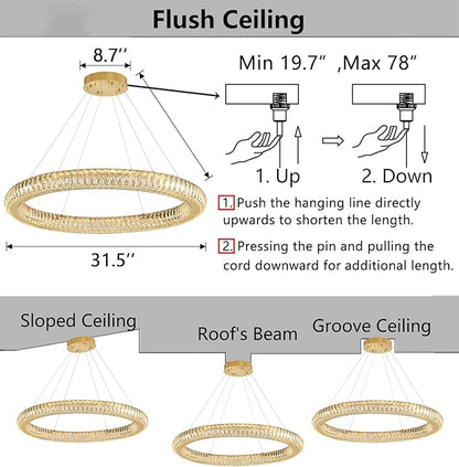 Modern Ring Chandelier LED Dimmable Living Room Chanderliers Entryway High Ceiling Crystal Ring Pendant Lights for Dining Room Bedroom Gold Interior Light