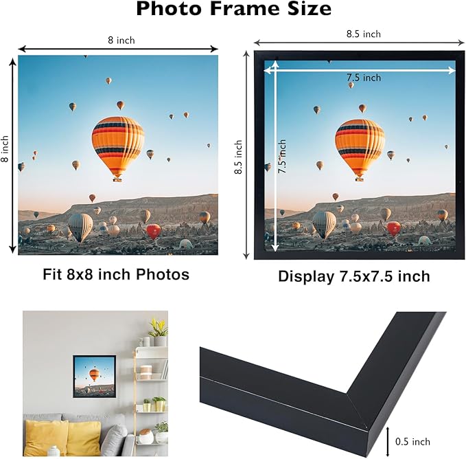 8x8 Picture Frame Set of 2 Black for Wall Hanging or Tabletop, Wall Mounting Horizontally or Vertically, 8 x 8 Square Wall Gallery Poster Photo Frame with Shatter Resistant Plexiglass, 2 Pack, Black