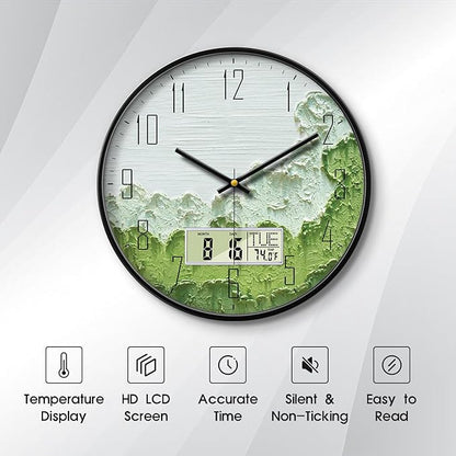 Modern Wall Clock with Temperature Green Forest Large Display Non-Ticking Battery Operated Clock with Date and Week for Kitchen Bedroom Living Room Farmhouse Decor 14 Inch