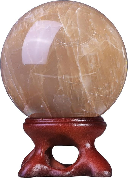 moonsix Natural Orange Moonstone Crystal Sphere with Resin Stand Healing Energy Stone Decorative Ball Sculpture for Home Office Tabletop, 41-50 mm