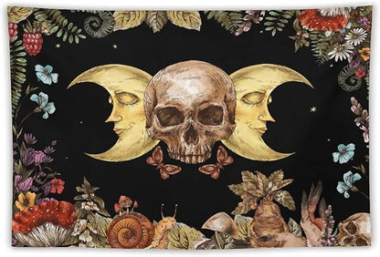 Boho Moon Skull Tapestry,Vintage Sun Moon Hippie Mushroom Floral Plant Tapestries Wall Hanging for Dorm Living Room Bedroom Decor(40"x60")
