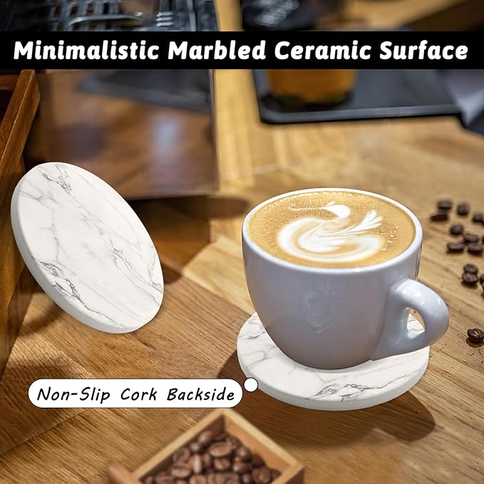 Coaster Set of 4, Drink Coasters with Holder, Absorbent Ceramic Coasters for Dining Table, 4 Inch Round Coasters Set for Drinks, Cup Coaster for Home Decor, Housewarming Gift, (R&B)
