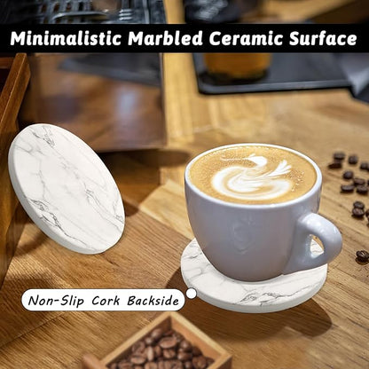 Coaster Set of 4, Drink Coasters with Holder, Absorbent Ceramic Coasters for Dining Table, 4 Inch Round Coasters Set for Drinks, Cup Coaster for Home Decor, Housewarming Gift, (R&B)