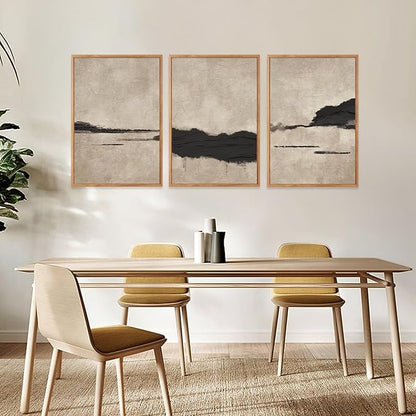 Large Abstract Black and Tan Framed Canvas Wall Art,Vintage Minimalist Wall Decor,Neutral Brush Stroke Artwork,Modern Textured Art Print for Living Room,Bedroom,Office- 16"x24"x3